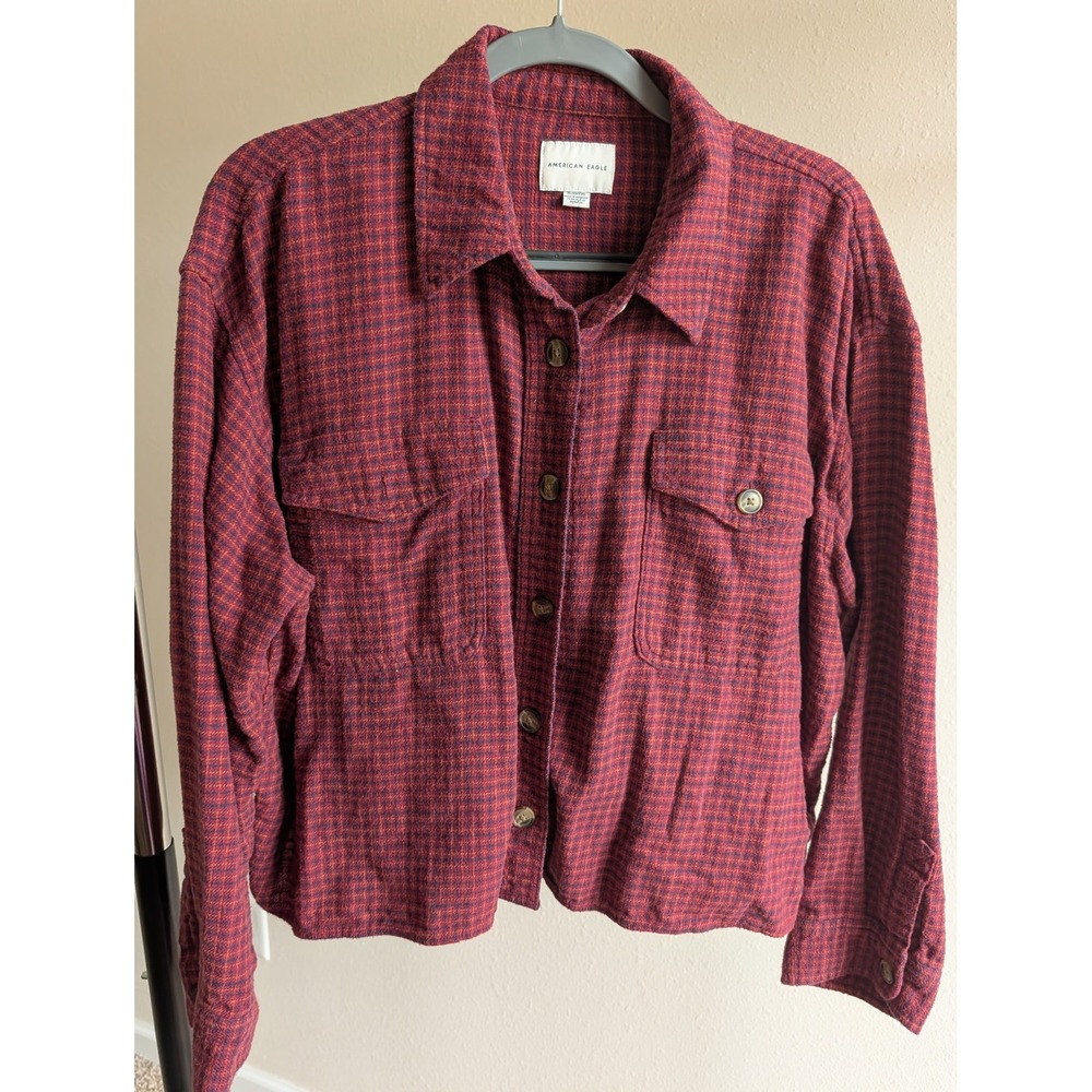 American Eagle Red Houndstooth Flannel Cropped Button Down Shirt XL